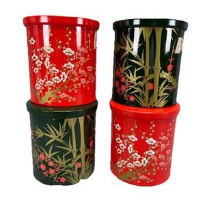 VTG Made in Japan Tea Metal Tin Canisters Lot of 4 Green Red Bamboo Blossoms